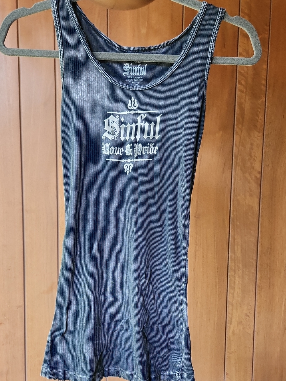 Sinful Distressed Washed Black Ribbed Tank Top with 'Love & Pride' Angel Graphic